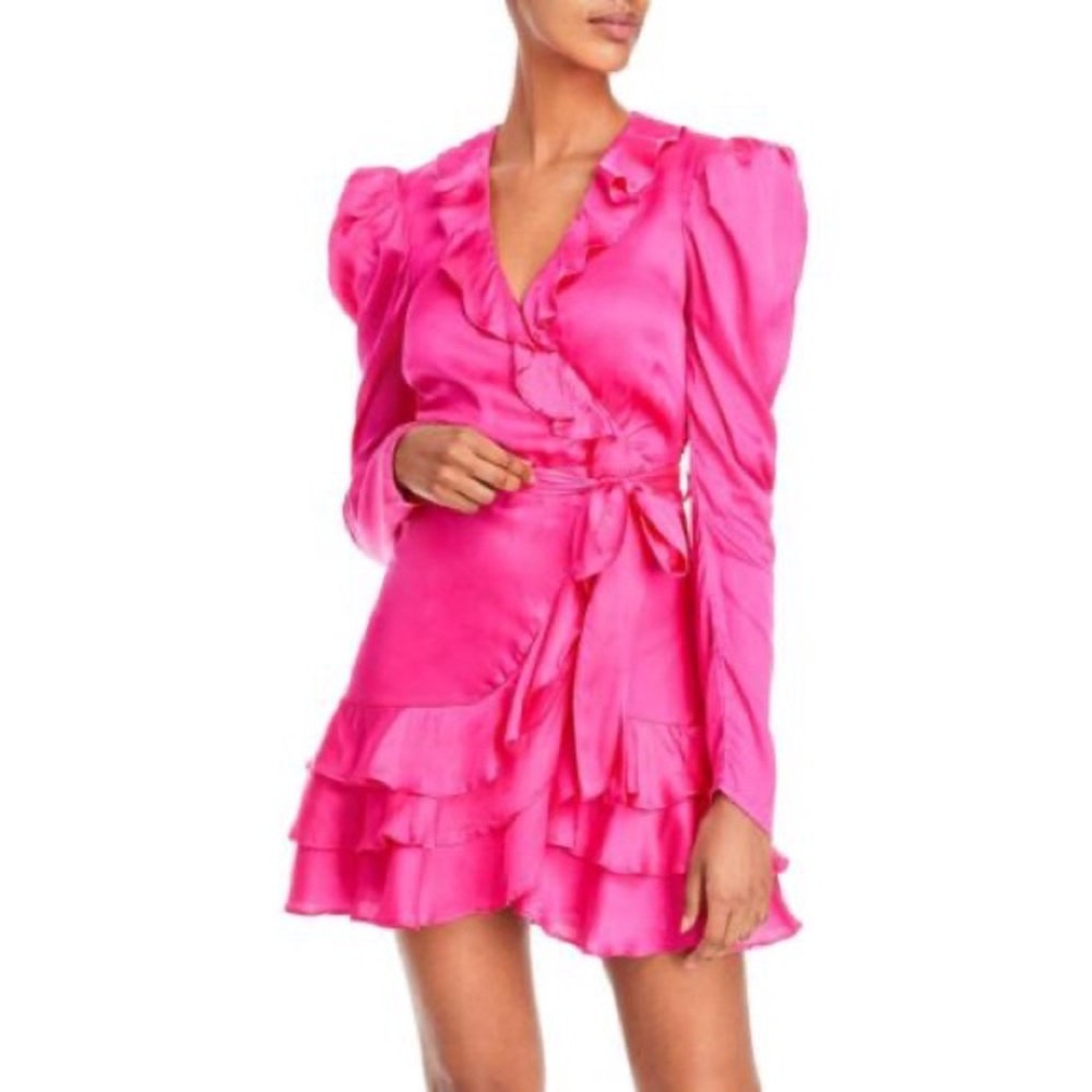 NWT BARDOT Winona Puff Sleeve Mini Wrap Dress Women's Fuschia V-Neck Ruffled - S